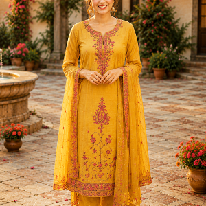 Poly Wool Handwork Embroidery Suit (Mustard gold)