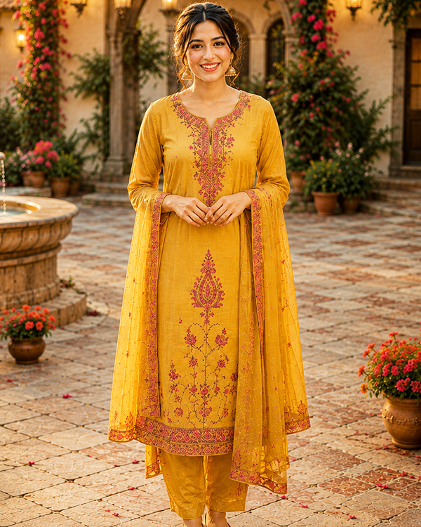 Poly Wool Handwork Embroidery Suit (Mustard gold)