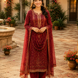 Poly Wool Handwork Embroidery Suit (Maroon & Mustard)