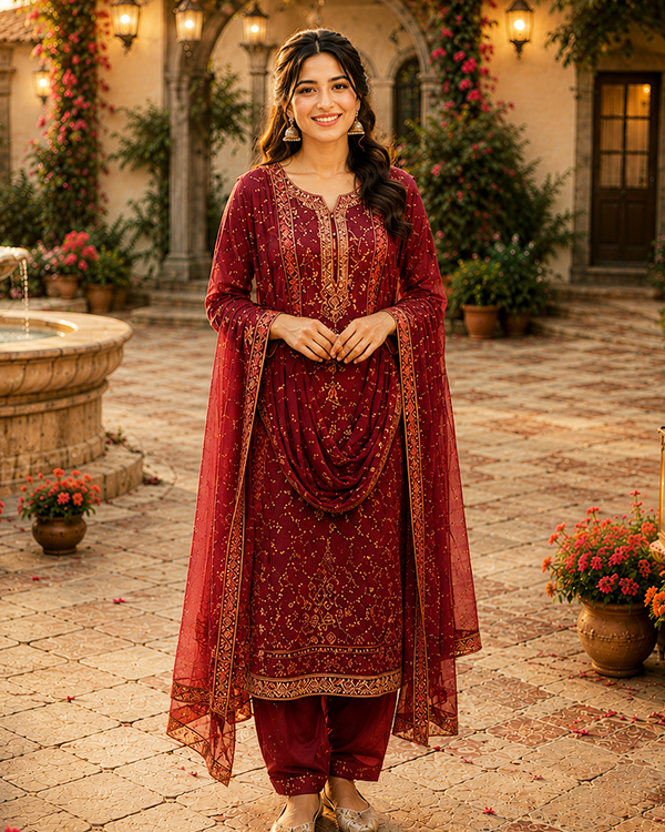 Poly Wool Handwork Embroidery Suit (Maroon & Mustard)