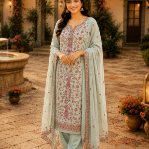 Poly Wool Handwork Embroidery Suit (Mint Green)