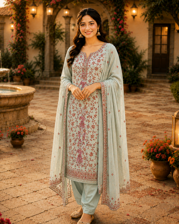 Poly Wool Handwork Embroidery Suit (Mint Green)