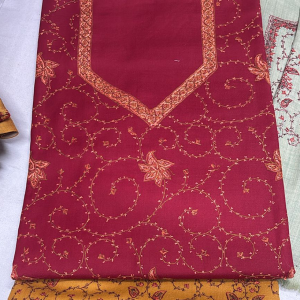Poly Wool Handwork Embroidery Suit (Maroon & Mustard)